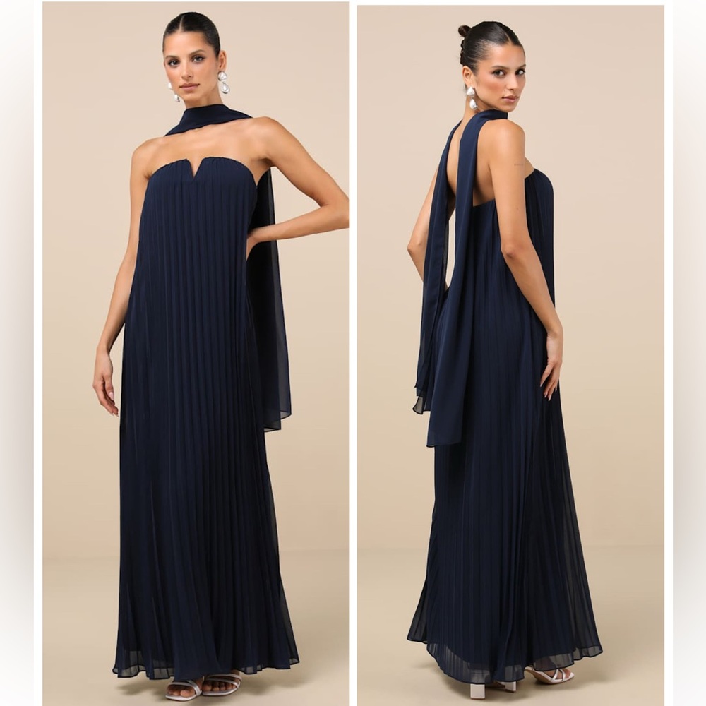 Lulus Lael Navy Pleated Strapless Dress and Scarf Set Size Medium